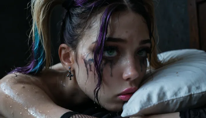 Score_9, score_8_up, score_7_up, (close-up:1.5), (solo), (1girl), (long hair), (multicolored hair, (dark purple hair), (bright blue hair), (blonde hair)), (twintails:1.4), (wavy hair), (messy hair), (wet hair:1.4), submissive, (incredible bimbo:1.1), (medium breasts), (erect nipples), (nipple piercings), (bimbo slut makeup), (mascara running down her face:1.3), (incredibly long lashes), (bimbo lips), (lipstick), (super snatched waist), (pencil waist), (huge bbl ass:1.2), (ribs visible), (oiled glossy skin), (sweaty skin), (shaved pussy), (pale skin:1.4), (gothic:1.1), (goth:1.1), (tan lines:.8), (green eyes), (perfect mouth), (perfect lips), (topless), (bottomless), (no clothing except a black garter belt and black fishnet thigh-high leggings and black platform stilettos and black fishnet arm sleeves), perfect-eyes, (she's laying on a bed, on her side, head on a pillow), exhausted, tired, hair and makeup was elegant and beautiful but is now messy and disheveled after hours or rough sex, (ruined makeup:1.2), (smudged lipstick smeared across face), (satisfied expression:1.2), (fucked senseless), (black walls), (gothic bedroom), (blue and purple neon lighting:1.1), (bright neon lighting:1.2), HighRes Fix, ADetailer, Inpainting, Upscale, Photoshop, <lora:PerfectEyesXL:.8>, <lora:dark:.5>, <lora:315758_training_data:.8>