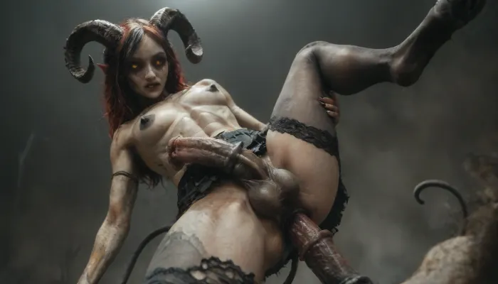 (a beautiful feminine young femboy rides a dildo with her ass), solo, (the femboy has medium breasts, athletic body, slim waist, tiny ass, long red hair purple highlights, sexy lingerie with stockings, QuarterCup, torn clothes, beautiful face, horny face, (femboy has black stallion penis, black stallion balls, a black small stallion anus, evil tail, horse legs below the knees)), clean image, ((night), dark lighting, low lighting), looks straight ahead, looks not at viewer, anal, high resolution, best quality, ultra detailed, dark, horror, visible naked nipples, leaking penis, leraie, (medium horns:1.4), (black stallion penis as the body part of femboy:1.4), (mini skirt:1.4), ((view from below:1.4)), <lora:192af1bb3d75bab622d76a8c8cf0a0b9:.8>, <lora:236276_training_data:.8>, <lora:RPGLeraieXL:.8>