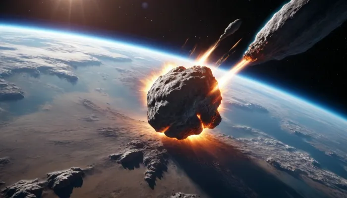 Space, planet Earth, a huge meteor is flying towards Earth, The crater, ultra realistic image, 8K