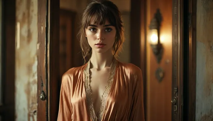 ((full body in shot)), ((brunette with a fringe)), ((anorexic)), model with stunning brown eyes, silk robe small cleavage, full body image, opening the door, (((looking at viewer))), saggy breasts, toned butt, toned, athletic, muscular, arab, North African, <lora:MJ52:.8>, [Photorealistic, moody], [Inspired by the work of Annie Leibovitz]
