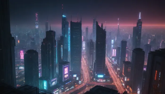 Magnificent urban landscape, magnificent landscape, Street, night, neon, roof, (cyberpunk:1.8), (skyscrapers:1.4)