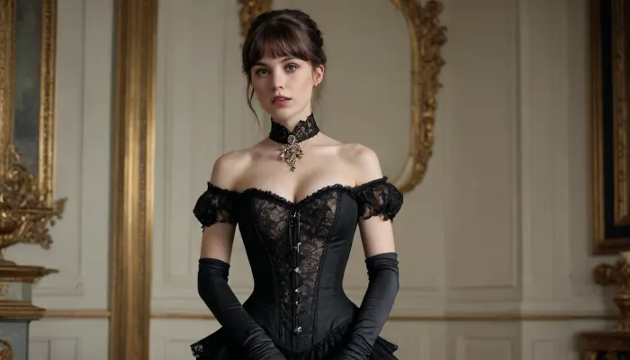 ((full body in shot)), ((brunette with a fringe)), ((anorexic)), A vintage-style of a woman dressed in an elaborate Victorian-era inspired costume, exuding elegance and charm with a touch of theatrical flair. The outfit features a structured white corset with black beaded detailing along the neckline, creating a sophisticated and glamorous contrast. The corset accentuates her figure, while the black lace gloves add a delicate yet bold element to her look., [Photorealistic, moody], [Inspired by the work of Annie Leibovitz]