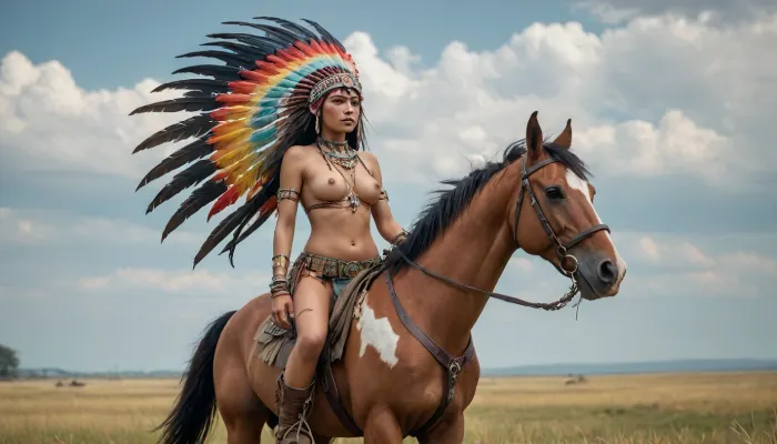 A young, beautiful, slender, topless Siox Indian woman with large, colorful Indian feather headdress and war paint rides a horse across the prairie, cyberpunk art, retrofuturism, by Lü Ji, cgsociety 9, nezha, very beautiful cyberpunk, cyberpunk, concept art feng zhu, (UHD, 4K, 8K), perfect breasts
