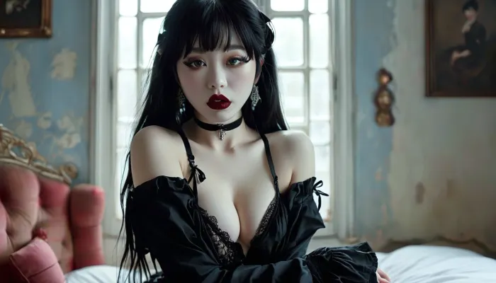 gothic, goth, (asian), pale skin, dark black eyes, black hair, bangs hair, black eyeliner, (black lipstick), white skin, perfect eyes, small eyes, detailed eyes, small nose, good anatomy, ultra detailed, high resolution, fake breasts, slut face, whore, (ahegao:1), sexy posing, (illustration:1), (hand drawn:1), (anime:1), <lora:MJ52:1>, <lora:EnvyZoomSliderXL01:-1>