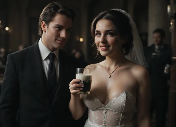 interracial, ((white cuckold husband in suit in the background is crying)), very large black penis, The happy chubby Persian bride in sexy wedding dress, cum driping bride's chain' cum driping from black penis, drinking sperm from transparent cup, there is glossy and sticky sperm in cup, cup full of sperm, cum swallowing, ((gokkun)), cum dripping from the corners of her lips, The woman holds the cup under the black cock., ((text on The cup is, "BBC Cum")), logo, text, sign, that, says, the, word, <lora:671410_training_data:.8>, <lora:dark:.5>, <lora:texta:1>, <lora:677862_training_data:.8>, happy, <lora:happy_v2:.8>