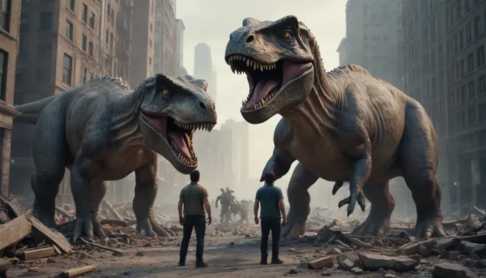 Two tyrannosaurs in the center of the city, people scattering, building rubble all around, photorealism, 4K