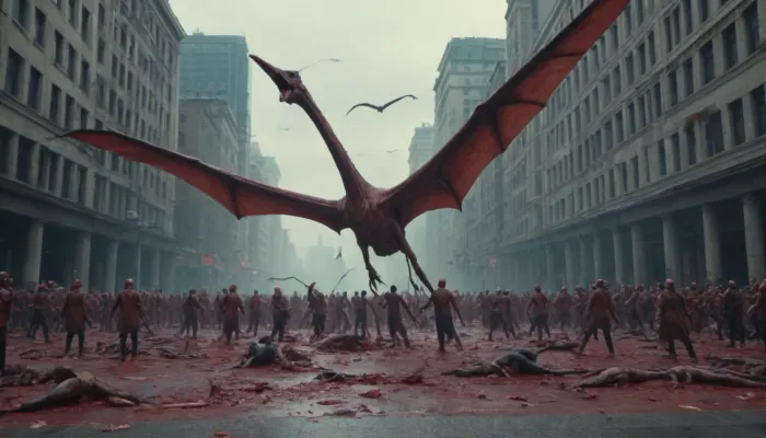 A pack of pterosaurs massacre people in the center of the city, lots of blood, people scattering, photorealism, 4 K