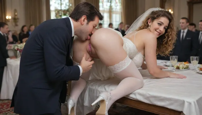 Drunk bride lies on her back on a banquet table, big saggy tits, orange curly hair.She laughs merrily, (happy:1.5), she is wearing a wedding dress, white stockings and stiletto shoes. The hem of the dress is pulled up. The legs are spread apart and hanging off the table. A very hairy vagina is on display. The groom is on his knees and licking the bride's pussy.He makes the bride cunnilingus.A crowd of suit men near the table are waiting in line to taste the bride