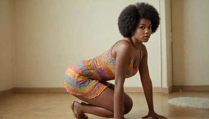 60ies style photo shoot environment. an ebony woman with a afro hairstyle is squatting. she is wearing a 60ies style colorful seethrough short dress. no underwear. explicit, vagina