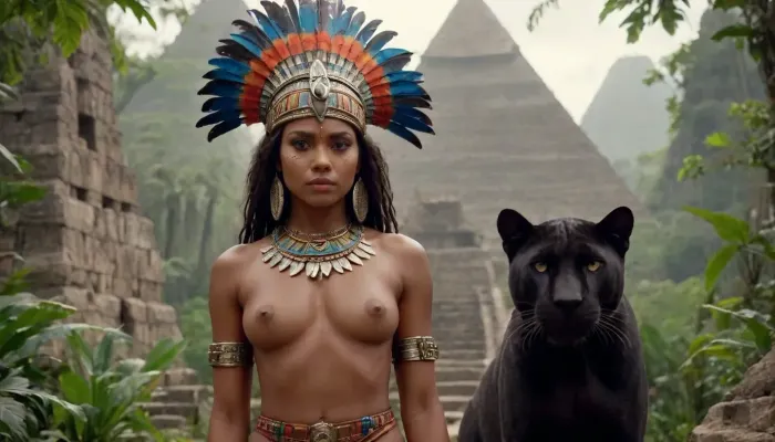 a dark skinned aztec princess woman is standing in the jungle in front of ancient pyramids. next to her is a black panther. her hand is resting on the panthers head. elaborate facial paint. she is wearing an elaborate headpiece with long colorful feathers. no slip. no pants. no bra. explicit, vagina, godpussy, <lora:SDXL_GodPussy_v1:.8>