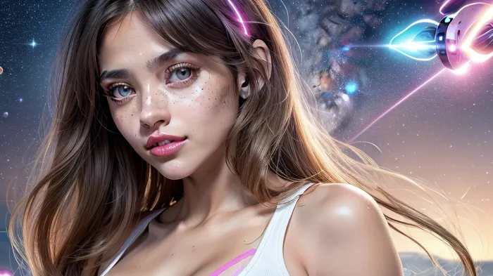 A young sweet woman on a hoverboard flies through space toward planet Earth, pretty coquettish detailed face, large beautiful crystal eyes, light glowing irises, heartshaped lips, lip gloss, freckles, aroused skin, olive skin, natural soft shining skin, soft face and body, colorful mood