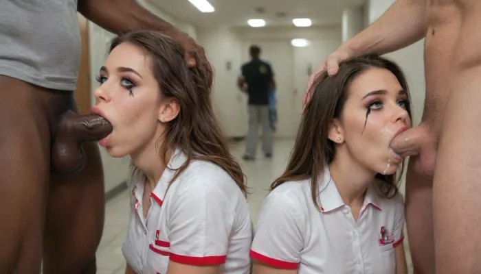 nurse, 2 women, 3 men, men athletes, the women is sitting in the hallway, brunette, beautiful hairstyle, sexy medical suit, in the hospital, on her knees, visible vagina, pink lace panties, red lace panties, visible tits, (big tits:1.2), very big boobs, grab massive dicks, blowjob, facial cumshot, long big dicks, stockings, men masturbate on her, Interracial, black massive penis, epic cumshot, black penis, cum shots only on boobs, the face is open, (deepthroat:1.7), (leaking mascara:1.3), woman, cum, on, face, <lora:JustCum:.8>