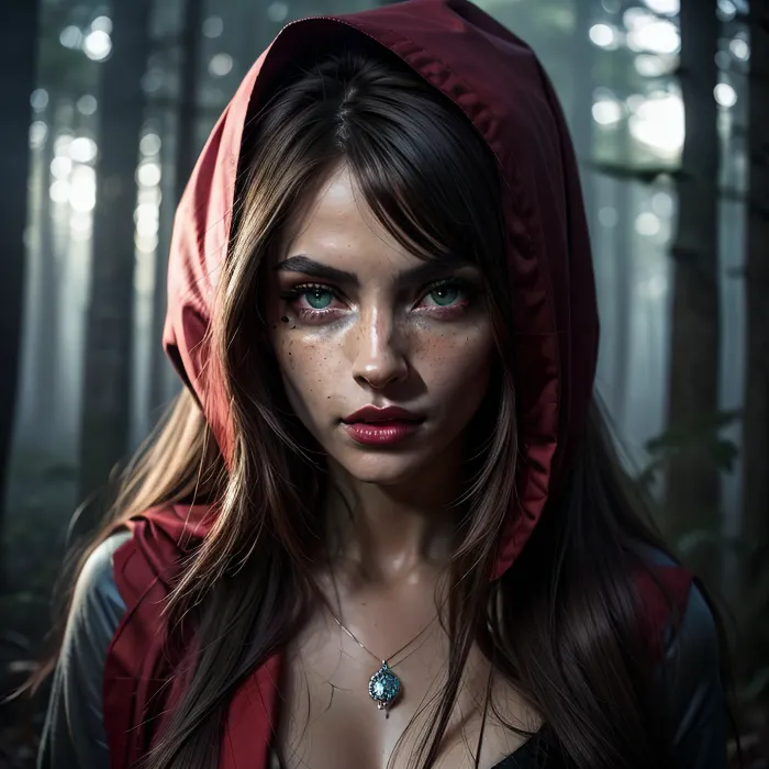 a cloeeup of a coquettish slender hot Little Red Riding Hood in the dark forest, a wulf on here side, dark mood, topless, realistic highly detailed large beautiful crystal eyes with light glowing {brown, blue, green} iris, heartshaped lips, freckles, lip gloss, aroused skin, olive skin, dramatic sunrise, ground-fog, fog, darkness mood, a detailed photo, a photorealistic photo, realistic pretty women photo, realistic night vision parallax double exposure photo style, she stay in the background