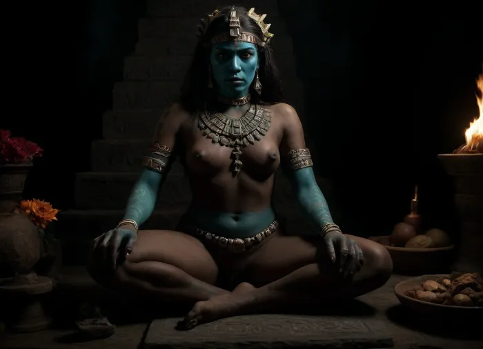 Half body view, focus on a ceremonial Aztec stone tablet, (((in the background is an Aztec pyramid))), Aztec priestess in a ritualistic outfit sits upon a carved stone chair, ((she has turquoise bodypaint streaking across her body and face)), (((she has prepared some tributes to the Gods that lay upon a stone tablet, these tributes are a collection of foods, flowers and pottery))), ((it is night time, dark skies, starry night, darkness, nighttime, fire by night)), the priestess is highlighted by a large flame from a firepit, <lora:dark:.8>
