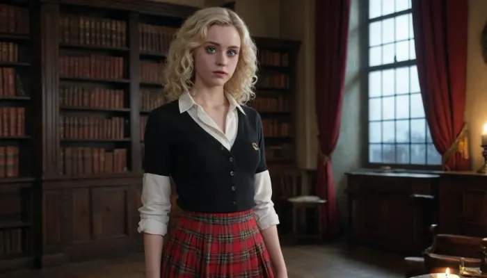 (medium hair, curly hair, messy hair, pale blonde, wide open blue eyes, Russian, young adult girl, extremally large tits, Round Breasts, extremely skinny, gaunt, slim hips, thin waist, pale skin, perfect dark puffy nipples, no public hair, full lips, brown eyes), solo, beautiful detailed eyes, beautiful detailed lips, professional lighting, photon mapping, radiused, physics based rendering, proportional body parts, extremely detailed eyes and face, pale skin, almond shaped big eyes, sexy, late night, only candle light, dark light, low-light, candle shadows, blackout curtains, young adult girl, (ancient library, nearby burning fireplace, bookshelf in view), (Hogwarts uniform, Hogwarts black robe open, midi tartan red-yellow skirt, transparent white blouse, red-yellow tie, no panties, no underwear), vintage book nearby