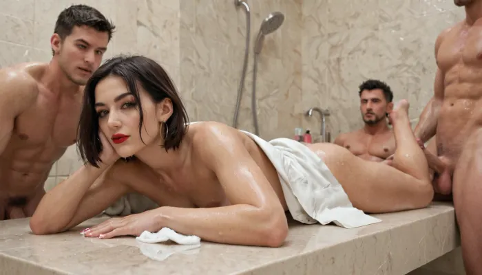 a old woman lying, two men standing, one slender black bob cut hair Polish MILF, 70 yo polish granny, long nose, big nose, flat chest, steep arched eyebrows, shadowed eyes, light eyes, red lipstick, marked cheekbones, half closed big eyes, drop of oil saggy tits massage table, seen from behind hiding behind a wall, spying 2 nude virile young men in, ((unfastened white lab coat, caressing her)), having fun in a shower gym. fit and muscular men, virile men, soapy men, showing, his, face, and, cock, <lora:FaceAndCockV2:.5>, <lora:276883_training_data:.5>, <lora:rearpussy-xl-1.0:.5>, <lora:realistic_male_ass:.5>