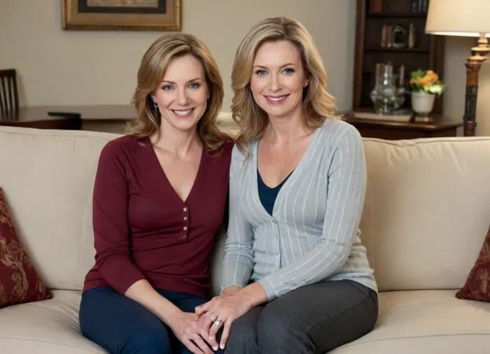 A high-quality, realistic photograph captures two 60 year old mature women sitting together on a striped beige and brown couch. The woman on the left has long, dark hair, medium brown skin with blue eyes, and is wearing a low-cut v-neck red long-sleeved shirt and gray pajama pants. She is looking directly at the camera with a soft smile. The woman on the right has short, reddish-blonde hair, fair skin, and is wearing a silk dark charcoal-colored top with a light-colored trim and dark pants. Her top is unbuttoned halfway revealing a peak of her areola. She is also smiling gently at the camera and has a wedding ring and diamond engagement ring on her left hand. They are positioned in a well-lit indoor setting, likely a living room, with a beige wall behind the couch. A portion of a floor lamp with a brass base and a light-colored shade is visible in the upper right corner. The couch has a matching pillow on the left side. The overall mood is warm and friendly, suggesting a candid moment shared between the two women. The focus is sharp, capturing the details of their expressions, clothing textures, and the surrounding environment.