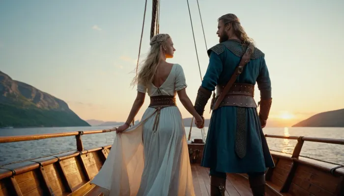Man, Scandinavian warrior, Viking in full gear, long sword on his belt, stands on the deck of a drakkar, (Scandinavian warship), ((embracing a girl in Slavic dress)), fjord at sunset, full body in the frame, full body is visible, ((side view)), full-color image, super detailed image, 8K quality