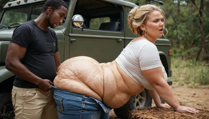 a beautiful, white, extreme fat, obese, cellulite, fattened 40 years old, ssbbw milf, (wears only a torn top and a opened short jeans, shows her fat, wobbly belly), with a fat, double chin face and long blonde hair is groped and fucked by two young, angry, horny, skinny black african native boys, (they have small cocks), on a safari jeep in the african savannah, side view, fat white woman bends deep over, pants pulling down-black, african boy stick a finger deep in her fat ass