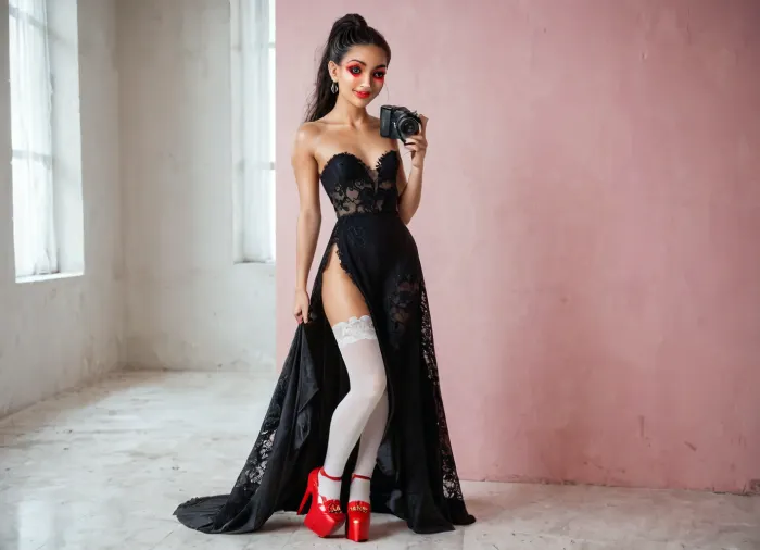 strikingly beautiful woman, slender, very cute tall, (very small breasts), beautiful eyes, open eyes, narrow shoulders, beautiful, attractive, natural beauty, slim latina, very very very by but yes long black straight hair, high ponytail, ((black lace strapless dress, white lace stockings, red platform shoes)), rainbow makeup, deep red lips, ((in her pink room)), ((he is holding a foto camera in his hand, she takes photo)), whole body visible, delicate smile, (best quality), (realistic, photorealistic), (high detailed skin), soft lighting, sharp focus, high quality, beautiful proportions, (wide hips), round ass, thick, thin arms, natural light, vulnerable, innocent, sexy