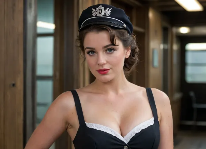 vintage 1950s setting, young female train conductor, early 20s, brunette hair pinned up in a classic 50s hairstyle, freckles, light blue eyes, pasty white skin, short black dress uniform with cap, train station platform background, hot and sweaty face, dirty forehead, smudged makeup, curly hair slightly undone and messy, damp armpits and sides, cleavage, low-cut dress showing ample bosom, black stockings, black heels, confident smirk, sultry gaze, dark circles under eyes, tired but still alluring, high-definition, ultra-realistic, dramatic lighting, 4k resolution, soft focus background, shallow depth of field, (nude)