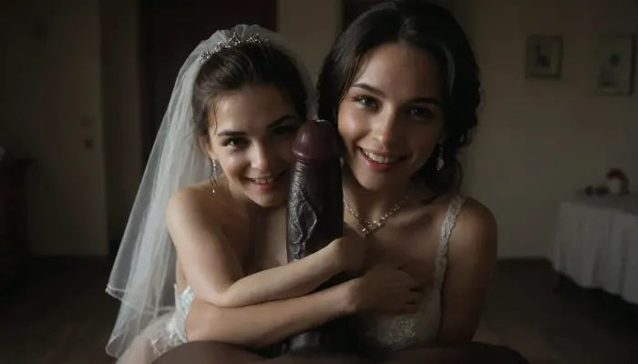 interracial, pov of black penis ., (((1white Bridesmaid in evening dress is behind the bride hugging the bride he is happy and look at the camera))), very large black penis, The happy chubby Persian bride in sexy wedding dress, cum driping bride's chain' cum driping from black penis, drinking sperm from transparent glass cup, there is glossy and sticky sperm in cup, cup full of sperm, cum swallowing, ((gokkun)), cum dripping from the corners of her lips, The woman holds the cup under the black cock., happy, <lora:671410_training_data:.4>, <lora:dark:.5>, <lora:677862_training_data:.8>, <lora:happy_v2:1>