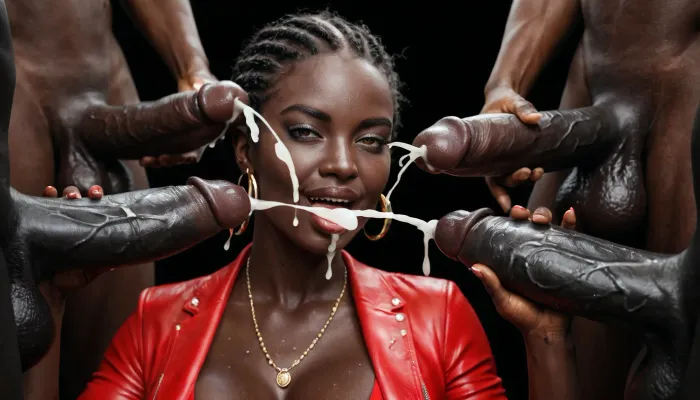 (ejaculation:1.6), handjob by black african man, wearing red leather thong, huge bulge, absolutely black skin, deep ebony skin, African, Nigerian, Nubian, (((absolutely black skin))), black room, black background, cumshot on the face of a beautiful white milf, surrounded by black dicks.