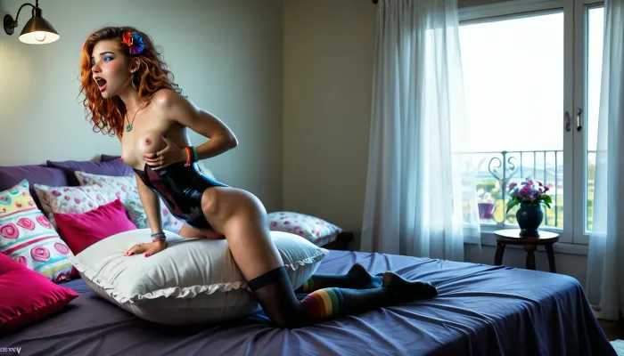 (masterpiece), (realistic:1.1), (8k), (ultra quality), (uhd), (detailed:1.13), (NSFW), (at midnight:1.2), (very slight moonlight), (inside modern, dark bedroom), on, (messy bed), (full body view), of one, (solo), slightly unfit, (petite), (gorgeous), 20yo, (ginger girl:1), with, (long messy hair:1.17), (youthful face:1.13), perfect eyes, (teeny breasts:1.31), athletic ass, (skinny legs:1.23), (small feet), extremely high foot-valves, relaxed feet, very tipped toes, ((freckles)), (beauty marks), (short, girly painted nails), (blushing:1.21), slightly panting, wearing, very girly, imaginative, random mix of, (colorful, rainbow, gradient, multi-colored, patterned, nylon, spandex, neoprene, latex and lace materials and fabrics), very sexy, (stockings, pantyhose, tights, thighhigh socks, knee-socks, socks, ankle-socks, leg-warmers:1), (girly leotard, showing nipples:1.19), (imaginative, girly platform showare:1.21), girly earrings, rings, bracelets, necklace, (pornographic makeup), (one flower in hair:1), (girl is feeling positive, aroused, horny, comfortable, cosy:1.19), (strained moaning), having, (relaxed and pleasant orgasm:1.13), (standing on knees, slightly bending back), (arched back:1), (wildly riding large pillows between legs, pressing, humping, rubbing vagina against large pile of a lot of pillows between legs:1.33), (grabbing breast), (soft, glowing, incandescent lamps:1.17), <lora:dark:.4>, <lora:detailed_notrigger:1.1>, <lora:cfg_scale_boost:.9>