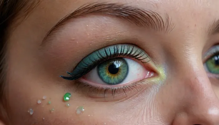 closeup, a coquettish woman with a very long hair, paint-splash, tears, realistic highly detailed large beautiful crystal eyes with light glowing {blue, green, brown} iris, heartshaped lips, freckles, lip gloss, aroused skin, olive skin, #KITTYART
