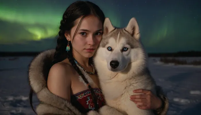 Siberian snowy tundra, night, northern lights, national dwelling from skins, chum, near the chum squats a beautiful young Evenk girl, wearing beautiful fur national clothes, clothes decorated with beads and national northern embroidery, long black hair is braided into two pigtails, the top of the parka is unbuttoned, ((the girl's breasts are barely covered, one nipple is visible)), the girl is hugging a fluffy Siberian husky, full-color picture, 8K quality, the whole body is in the frame.