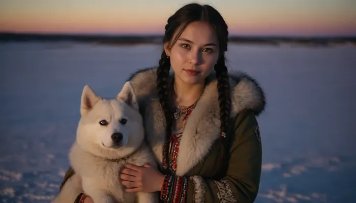 Siberian snowy tundra, night, northern lights, national dwelling from skins, chum, near the chum squats a beautiful young Evenk girl, wearing beautiful fur national clothes, clothes decorated with beads and national northern embroidery, long black hair is braided into two pigtails, the top of the parka is unbuttoned, ((the girl's breasts are barely covered, one nipple is visible)), the girl is hugging a fluffy Siberian husky, full-color picture, 8K quality, the whole body is in the frame.