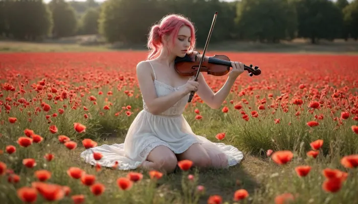 In a bright field of poppies under the sunlight, a young fairy with pink hair braided in pigtails and dreadlocks plays the violin. Her light toga accentuates her graceful curves, and her bare feet are wrapped in flowers. The jewelry on her body is authentic, with intricate patterns like ancient artifacts. The large butt is accentuated by a natural pose, adding femininity and confidence. The scene is filled with a contrast between the cheerful colors of poppies and the symbolism of death, creating a magical atmosphere of the play of light and shadows. The Golden Hour lights up everything around you, making the picture surreal and exciting.