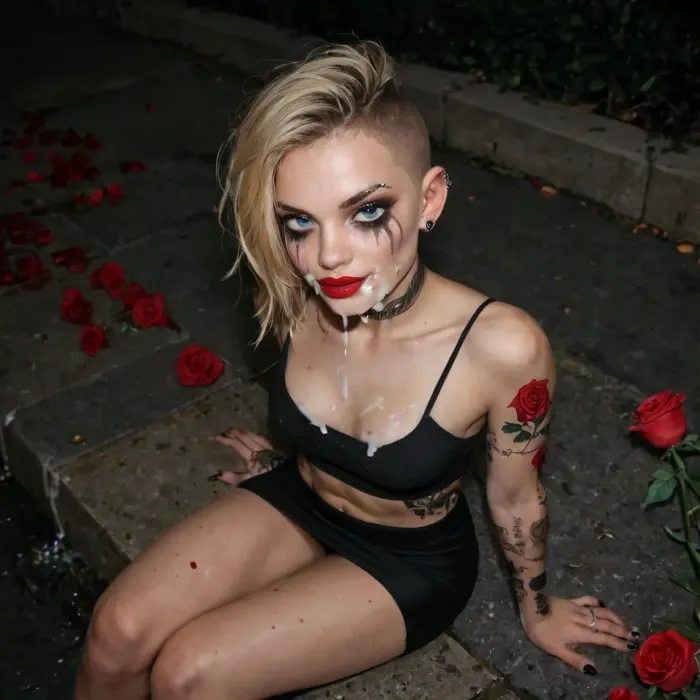 very cute and petite blonde girl, (ruined makeup), (ruined mascara:1.2), messed up mascara, sitting on a sidewalk, at night, her legs in front of her, She has undercut, one side shaved hairstyle long blonde hair, (big blue eyes), (medium perky breasts), super slim body, (roses and skulls tattoos covered her body totally), (nose, ears, eyebrow piercing), (red lipstick), (strong black mascara), ragged black clothes, ragged mini-skirt, ragged and stained top, her body is dirty and filthy, body covered with filthy stains, (she received a huge facial cumshot), cum all over her face, (cum on her forehead:1), cum in her hair, seductive smirk, winking playfully, picture from above, 3/4 view, bukkake, cum, <lora:MS_Real_XL_Bukkake:.5>