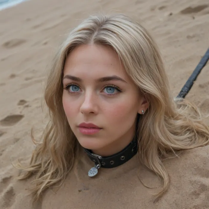 bdsm-scene, an old woman with old skin, leather collar and dark make-up is buried on a tahiland beach, (stuck in the sand:1.2), so that only her head looks out of the sand, blonde hair, long hair