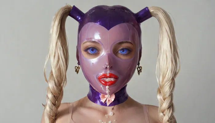 Even size blue eyes, very long eyelashes with black mascara, pink eye shading, thin blonde eyebrows, looking directly at viewer