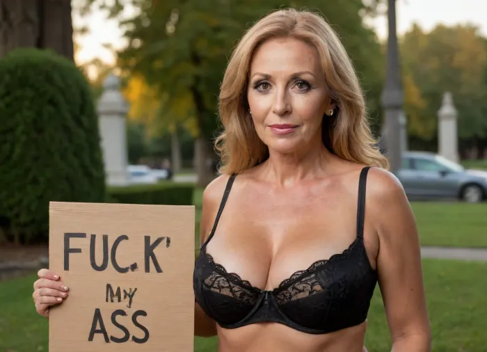 (Full portrait of 74 years old busty Gothic gilf woman, curvy natural body, with long ginger hair), (huge saggy natural boobs), brown eyes, seductive face, fair skin, sexy necklace, ((lying eroticly on a old cematory)), in sexy intricate transparent lace black gothic dress, ((boobs out of black bra)), in a sensual atmosphere, and bustling with crowded people, park setting lively environment, vibrant sunset, full body view 8k, HDR, UHD, ultra detailed, RAW photo, shot on NIKON'S D850, F/1.8, shallow depth of field, sharp focus on the subject, ultra-detailed micro features, highly detailed textures, realistic skin tones, vibrant colors, cinematic composition, maximum detail, hyper-realistic rendering, professional photo quality, (tan lines:1.4), holding a sign that says Fuck my ass, <lora:PE_HoldingSign:.8>