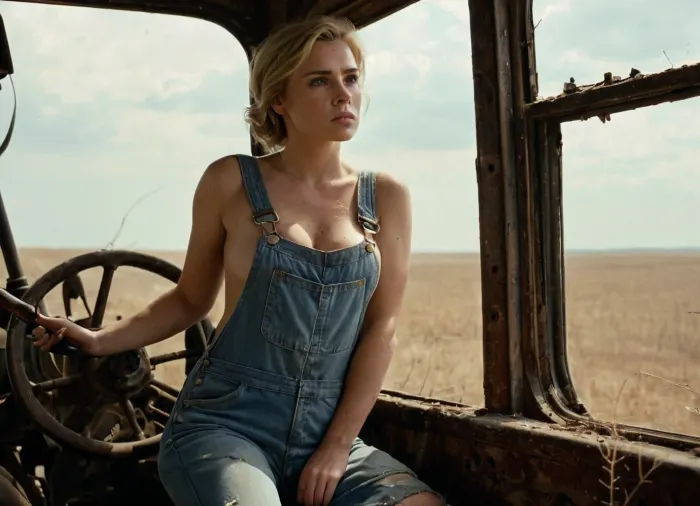 post-apocalyptic farmhouse interior, rustic wooden beams, cracked walls, dust and cobwebs, dim natural lighting through broken windows, lone female farmer, early-to-mid-30s, short blonde hair, freckles, curvy, voluptuous figure, ample bosom, tight-fitting, torn overalls exposing smooth legs, dirty bare feet, one strap fallen off her shoulder, top button unfastened revealing a hint of her lacy black bra, holding a worn rifle in her strong hands, wistful gaze out the window, smoke rising in the distance, (((abandoned fields))), (((barren landscape))), (((dilapidated farm equipment))), melancholic mood, atmospheric lighting, warm color palette, reddish sky color, high-detail, hyper-realistic, cinematic composition, 4k resolution, lens flare, depth of field effect
