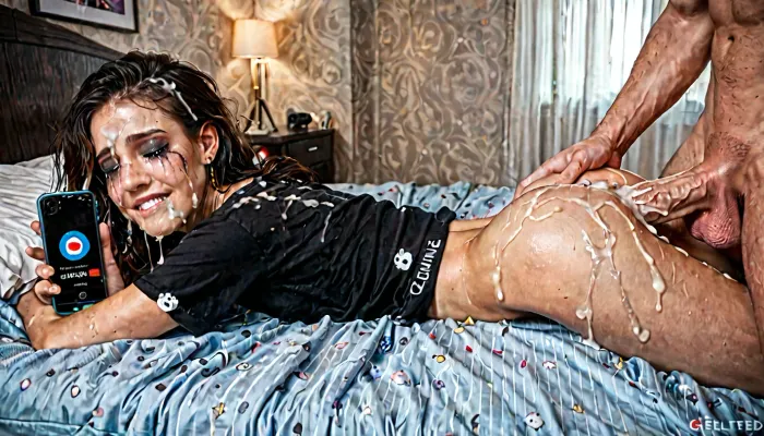 Dynamic photo, (insanely detailed:1.8), . Woman next door, 21yo, Slim frame gamer girl playing video games, wearing pajamas, laying on stomach, on bed, anal sex, iPhone 15 pro in hand, cum on small ass, eyes closed, gaped asshole, man with his massive cock dripping cum, 1 modern camera on tripod recording, cum in face, smeared makeup, crying, mouth closed, biting lip, exhausted, (realistic cum, runny cum, detailed cum), surrounded by men, woman, cum, on, face, <lora:JustCum:.5>, <lora:LCM_LoRA_Weights_SDXL:2>