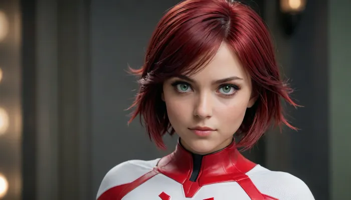 peni Parker de marvel rivals, peni tiene 18 años de edad, cara hermosa, (ojos claros), Green eyes, piel muy blanca, cuerpo completo., trasero grande, pequeña cintura, (traje de peni Parker rojo con blanco), cabello negro con rojo, <lora:580159_training_data:1.7>, <lora:668315_training_data:.1>, <lora:Microwaist_XL_v01:.7>