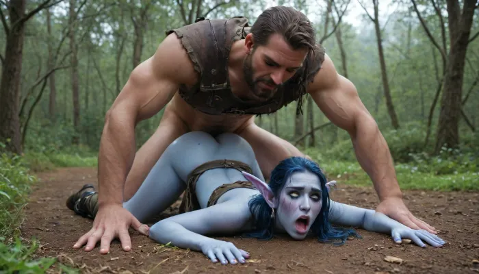 World of Warcraft, masterpiece, (Night elf girl), blue skin and hair, natural tits, beautiful girl, huge boobs, orgasm, sex, ((detailed face)), head thrown back, mouth open, crying, face down on the ground, ass up, torn leather clothes, being fucked hard in the anus by a huge, bearded, white, human, man, wearing leather armour, missionary, arrow quiver laying on the ground nearby, arrows sticking out of the ground around the scene, bad, anatomy, hands, feet, <lora:crying:.6>, <lora:badanatomy_SDXL_negative_LORA_SeaArtXL_v1:.7>