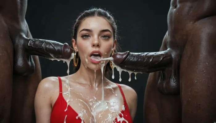 black african man, absolutely black skin, deep ebony skin, African, Nigerian, Nubian, (((absolutely black skin))), short straight black hair, red spandex top, showing his massive 25 inch erected penis to 3 curvy white women wearing black lingerie, (ejaculation:.7), excessive cum dripping from penis, black room, black background.
