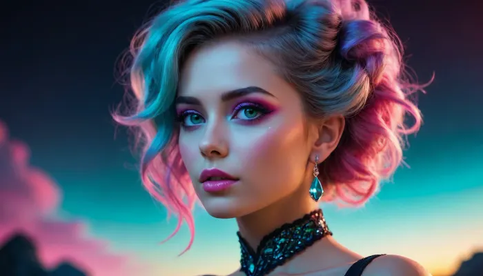 dark energy, intricate design, dark background, predominant pink tones, one woman silhouette, blacklight illumination, spot colors, very aesthetic, vibrant cyan hues. She has a pretty coquettish faded face, elaborate hairstyle, small breasts, detailed crystal eyes, light glowing irises, heartshaped lips, lip gloss, aroused skin, she exhales, dramatic sunset, long shadows, dreamy mood, detailed photo, photorealistic photo, realistic pretty women photo, night vision, soft fokus, parallax, overexposure. #©KITTYART



































#©KITTYART