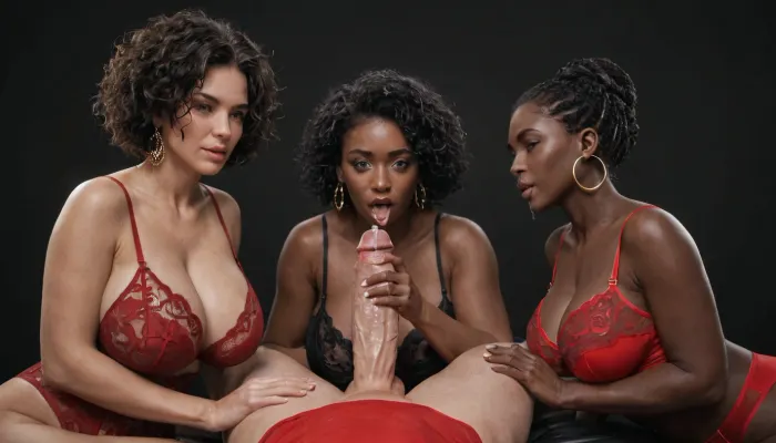 white mature man, short straight black hair, red spandex top, showing his massive 25 inch erected penis to 3 curvy black african women wearing red leather lingerie, masturbating, precum, black room, black background.