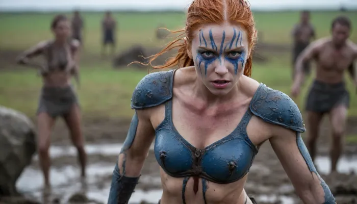 Surrouned by ennemies. A beautiful fierce ginger 20 years old Pictish warrior, her lithe body and lean muscles rippling with the ferocity of battle, adorned with intricate Celtic blue war paint that snaking across her face and limbs, covered with blood dripping. Despite the chaos that engulfs the grim tableau, she stands out, a beacon of rage amidst the carnage. Her armor made of leather strips, painted to match the tempestuous sky, hugs her form, allowing unbridled movement as she wields a blood-soaked sword with unrivaled precision. Her small tiny but firm breasts are barely contained by the tightly bound fabric, covered with a simple leather strip, a testament to her warrior spirit that transcends the need for modesty. Her eyes, piercing and unyielding, reflect the fierce determination etched on her face as she charges through the mud-soaked field. Around her, the scene is a tumultuous symphony of clashing steel, flailing limbs, and the brutal dance of death. A big battle, hundreds of warriors all around. She violently repels their attacks. The grey sky weeps in a relentless downpour, mirroring the grief of the battle-torn earth below, as warriors fall like leaves in a storm. Each splatter of crimson that stains her body and the ground around her tells a tale of valor and sacrifice. The air is thick with the metallic scent of blood, the only color that dares to challenge the dominance of the dreary palette. Her long, wet hair, plastered to her back by the rain, whips around as she swings her weapon, a silent declaration of the tempest within her soul. The ground beneath her booted feet is a morass of mud and gore, a grim reminder of the lives claimed by the relentless conflict. Despite the surrounding chaos, she remains a pillar of fury, a living embodiment of the untamed spirit of war, her every movement a deadly ballet. The horizon is a blurred line of torment, as the rain and mist mingle with the cries of the dying and the thunderous clamor of battle, forever capturing this moment of raw, unbridled intensity. Accurate eyes. Realistic detailed eyes. Realistic skin texture. high quality, extremely detailed, high resolution, high resolution face, high resolution eyes, 8k.