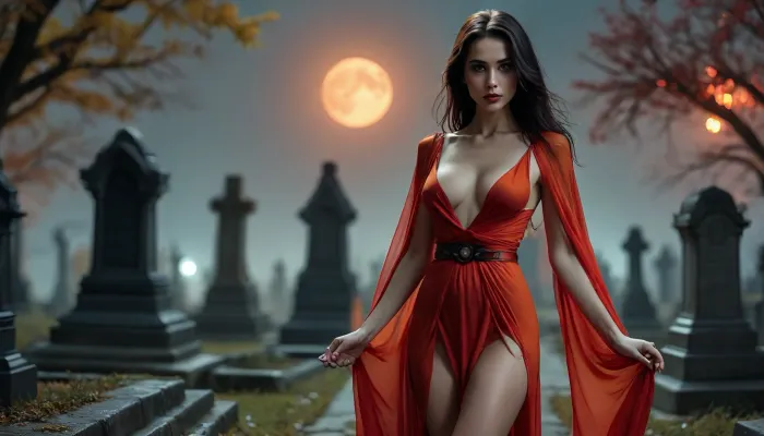 A woman, seemingly nude except for a dark belt and a flowing red gown, stands amidst a graveyard at night.&nbsp;
The graveyard is silhouetted against a backdrop of a large, luminous orange-yellow moon and hazy, smoky atmosphere.&nbsp;
The woman's posture is poised and suggestive, and she is positioned near a number of tombstones, which are all dark shapes against the light.&nbsp;A small, dark, ornamented pedestal stands slightly in front of and to the right of her.&nbsp;
The overall effect is dramatic and evocative, with a strong sense of mystery and perhaps a hint of the supernatural. The lighting and the color palette lend a film noir or gothic atmosphere. 3/4 view, <lora:sdxl_photorealistic_slider_v1-0:.8>, Cyberpunk, cyberpunk, style, <lora:3DCyberpunkStyle_Hap_XL:.8>, clothes, but, <lora:BUT_SDXL_SHS:.8>
