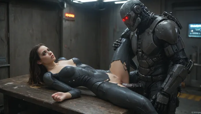 In a dystopian neon-lit city, a heavily augmented female android with glowing cybernetic eyes and body modifications is captured by a gang of ruthless mercenaries. They drag her into their hideout and lie her down on a metal table, ripping off her tight-fitting bodysuit to expose her perfect synthetic body.The mercenaries taunt and grope the helpless android, roughly squeezing her firm breasts and probing her artificial orifices. One of the mercenaries, a hulking cyborg with a, (metallic robotic phallus:1), steps forward and brutally penetrates the android's vaginal opening, causing her to spark and glitch from the force.The android writhes and struggles, her systems overwhelmed by the violent assault. The cyborg mercilessly pounds into her, stretching her artificial pussy to its limits while the other mercenaries watch with twisted glee. Her body is defiled and damaged by the relentless cyborgs.Tags, 1girl, 1boy, android, cyborg, vaginal, augmentations, bodysuit, torn_clothes, small breasts, large_insertion, cum, machine_oil, metal_table, hideout, neon, cyberpunk, style, <lora:compb0t:1>, <lora:CyborgMechExosuit_v1.5:1>, <lora:sdxl_cyberpunk:1>