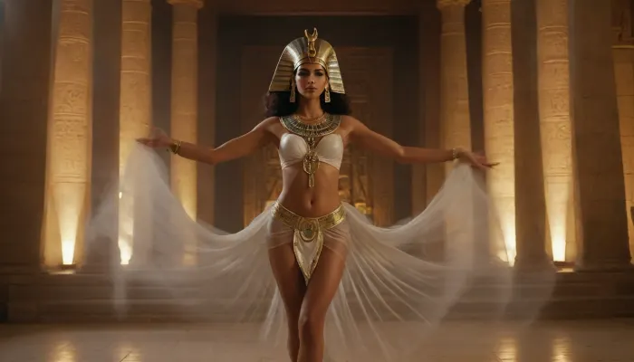 Ancient Egypt. A temple dancer in translucent clothes performs a sexy dance in the temple in front of the statue of the god Ra during the fertility festival