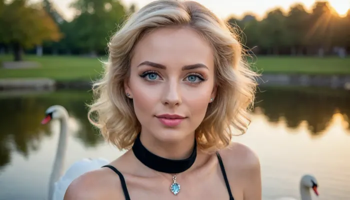 A digital portrait, A beautiful slender adult woman with blonde hair and blue eyes, She is smiling, She has a choker necklace around her neck and is wearing a black dress, She's sitting in the city park by a pond with swans, Her makeup is natural-looking with a subtle smokey eye and a nude lip color, She has a very pretty coquettish faded face, elaborate hairstyle, small breasts, highly detailed large beautiful crystal eyes, light glowing iris, heartshaped lips, lip gloss, aroused skin, (sunset with long shadows), dreamy mood, detailed photo, photorealistic photo, realistic pretty women photo, realistic night vision, soft fokus, parallax, overexposure, photo style, (worm´s-eye view from side), (She crawls), #©KITTYART



































#©KITTYART