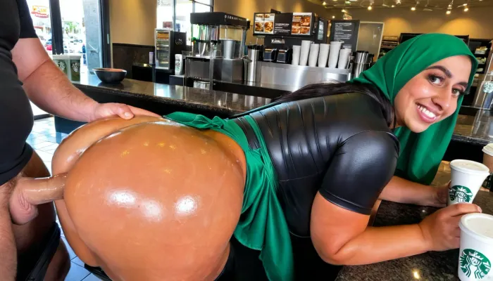 thick muscular legs, muscular hips, PAWG, beautiful 19 year old smiling Pakistani woman, black polo shirt, green apron, working at Starbucks, (leaned over the counter giving handjobs to two fat white clients), (Starbucks Coffee), Muslim, (wearing full black hijab:1.2), athletic body, thin face, (big nose:1.5), slim waist, huge heavy natural tits, nipple piercings visible under clothes, (shiny oiled tits:1), 1man, ((anal doggystyle sex)), (fat white man:1.3), ((blowjob))