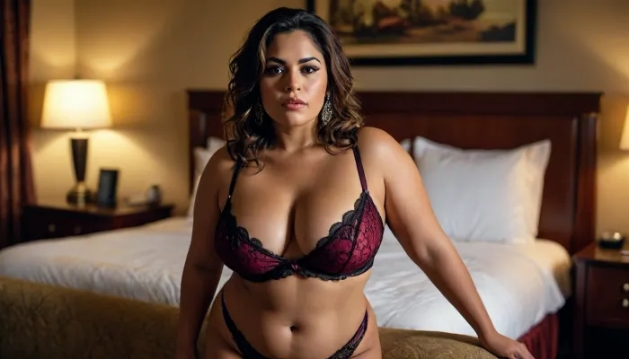 American shot, High resolution image of a chubby Latina MILF in luxurious lingerie, with a strong man dressed in a suit, in a hotel suite, looking glamorous and sophisticated, <lora:add-detail-xl:.3>, <lora:MJ52:.5>
